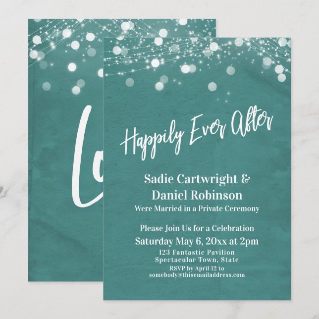 Lights Textured Happily Ever After Reception Teal Invitation (Front/Back)