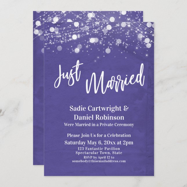 Lights Textured Just Married Purple Reception-Only Invitation (Front/Back)