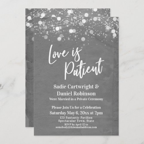 Lights Textured Love is Patient Gray Reception Invitation
