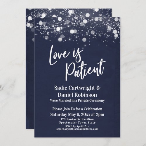 Lights Textured Love is Patient Navy Reception Invitation