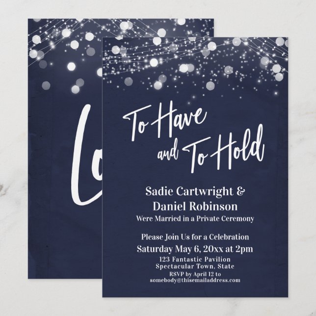 Lights Textured To Have and To Hold Navy Reception Invitation (Front/Back)