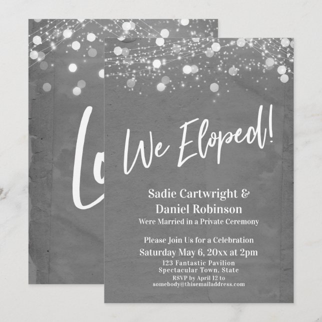 Lights Textured We Eloped Gray Reception-Only Invitation (Front/Back)