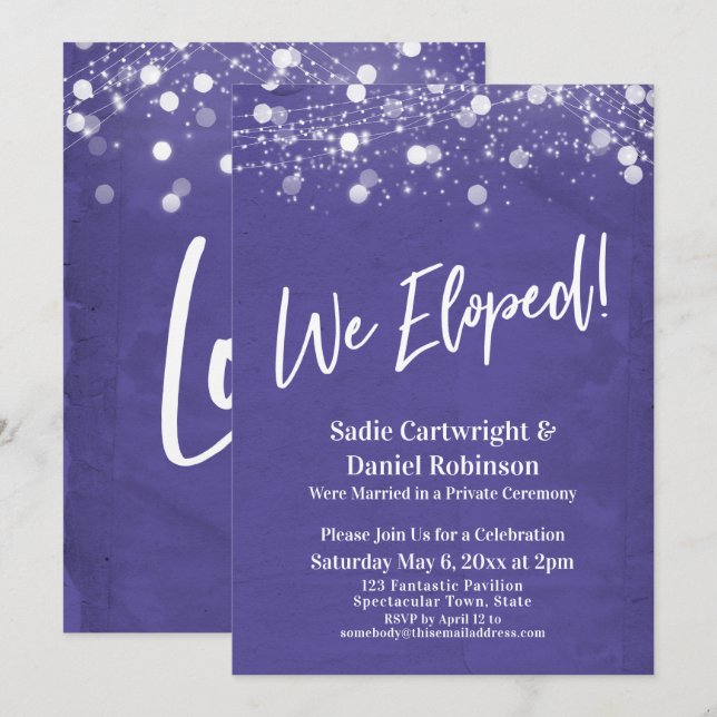 Lights Textured We Eloped Purple Reception-Only Invitation (Front/Back)
