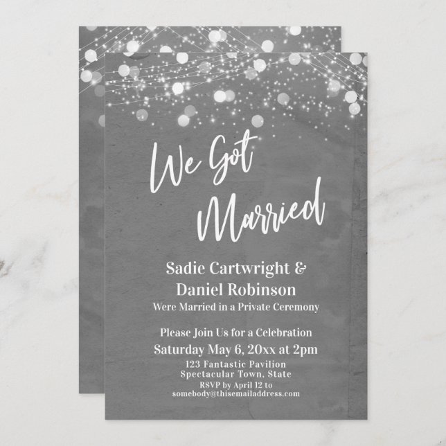 Lights Textured We Got Married Gray Reception Invitation (Front/Back)