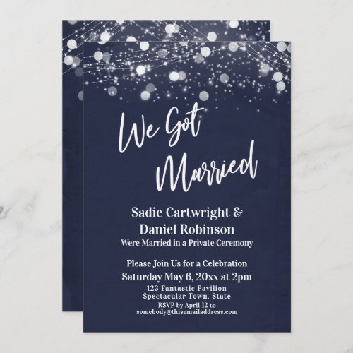 Lights Textured We Got Married Navy Reception_Only Invitation