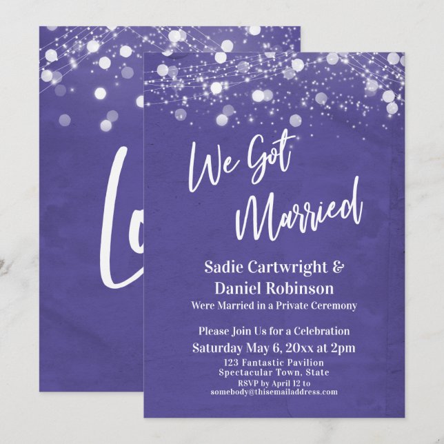 Lights Textured We Got Married Purple Reception Invitation (Front/Back)