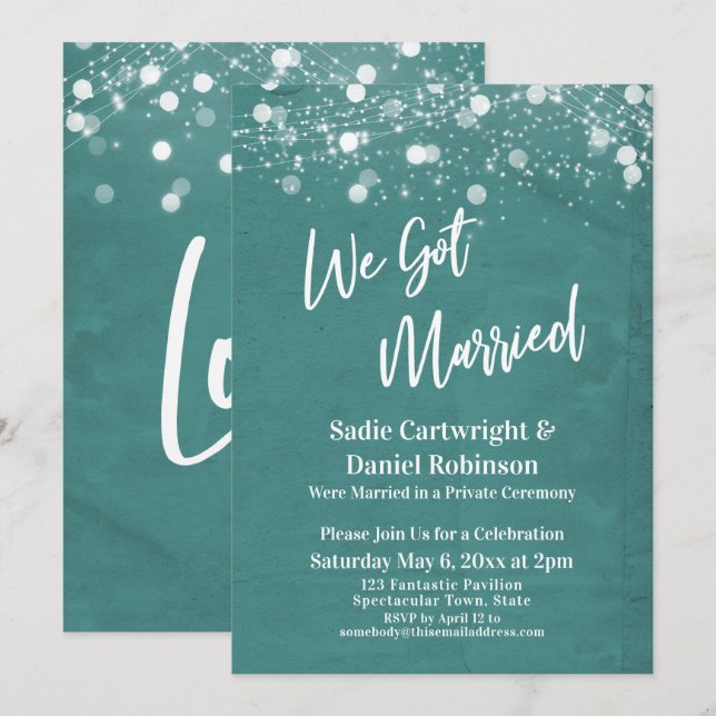Lights Textured We Got Married Teal Reception-Only Invitation (Front/Back)