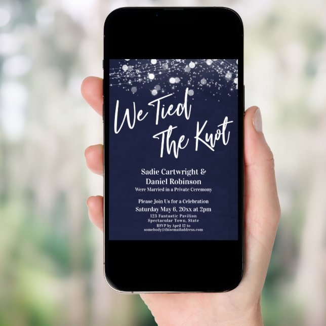 Lights Textured We Tied the Knot Navy Reception Invitation (Front Digital)