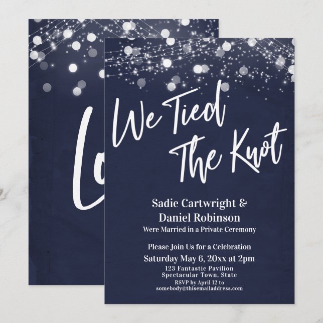 Lights Textured We Tied the Knot Navy Reception Invitation (Front/Back)