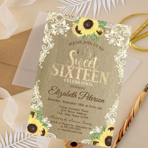 LightsTiaraLace Sunflowers Kraft Sweet 16 Party Invitation