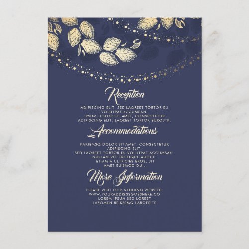 Lights Tree Leaves Elegant Wedding Details Insert - Navy blue and gold wedding information card with the beautiful tree leaves and string of lights