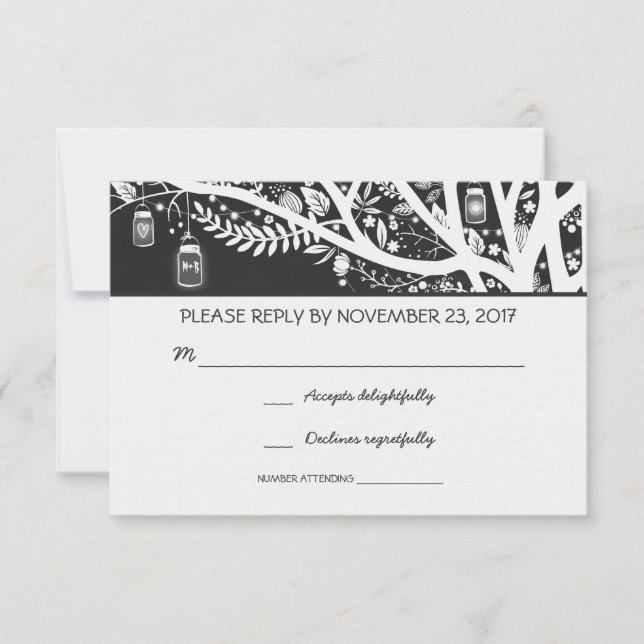 lights tree mason jar flowers wedding RSVP cards (Front)