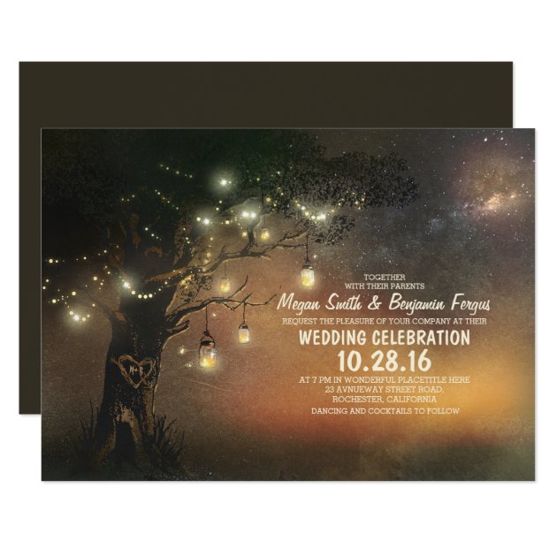 Lights Tree & Mason Jars Rustic Wedding Invitation