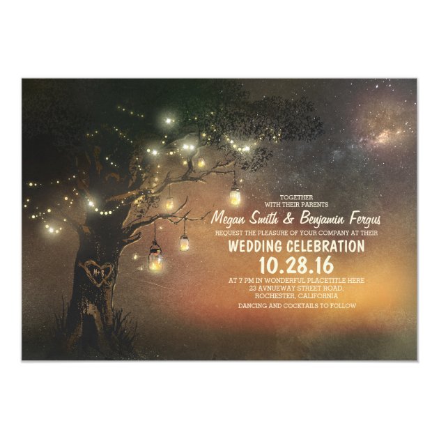 Lights Tree & Mason Jars Rustic Wedding Invitation