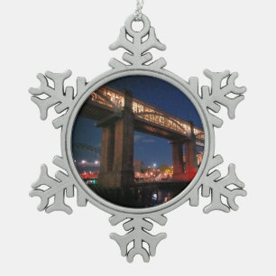Lights under the bridge snowflake pewter christmas ornament