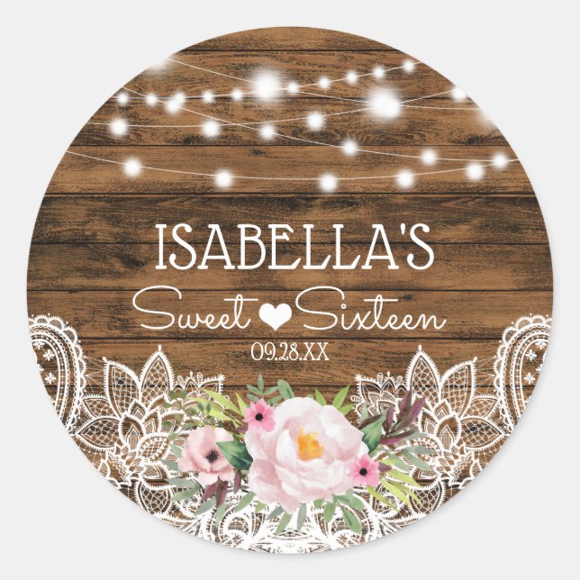 Lights Wood Floral and Lace Sweet 16 Thank You Classic Round Sticker (Front)