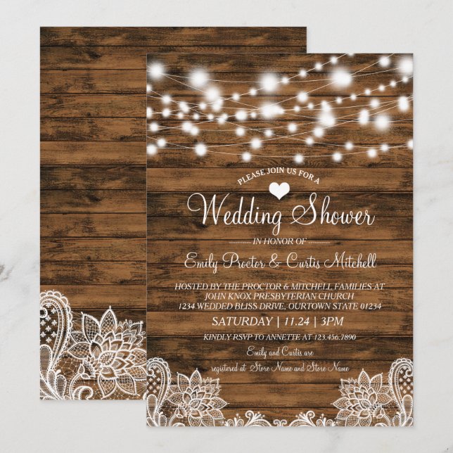 Lights Wood & Lace Wedding Shower Invitation (Front/Back)