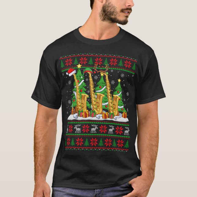Lights Xmas Sweater Style Ugly Santa Saxophone Chr (Front)