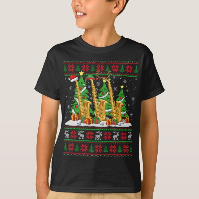 Lights Xmas Sweater Style Ugly Santa Saxophone Chr (Front)