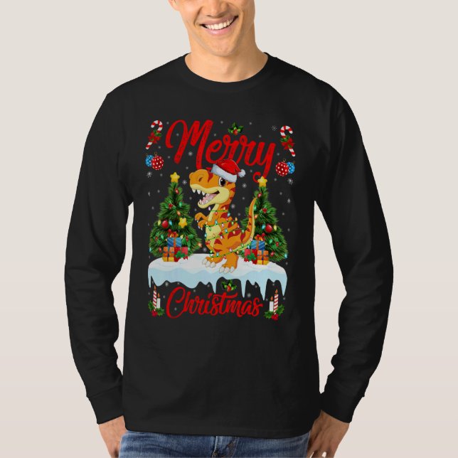 Lights Xmas Tree Santa Allosaurus Dinosaur Christm T-Shirt (Front)