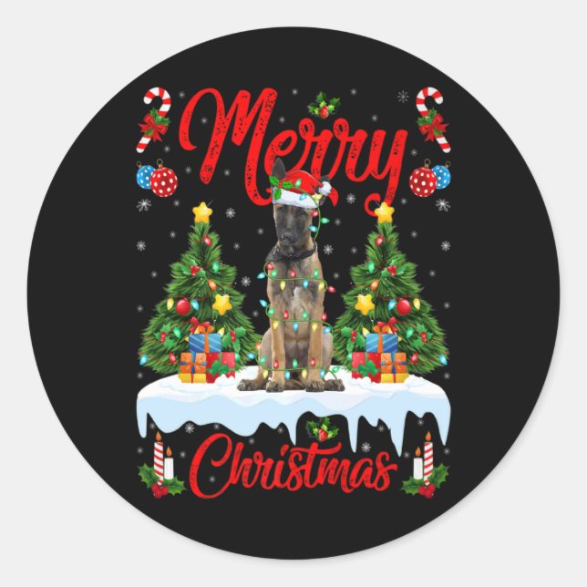Lights Xmas Tree Santa Belgian Malinois Dog Christ Classic Round Sticker (Front)