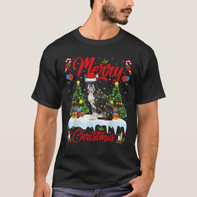 Lights Xmas Tree Santa Boston Terrier Dog Christma T-Shirt (Front)