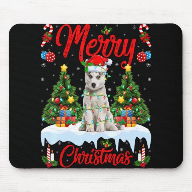 Lights Xmas Tree Santa Siberian Husky Dog Christma Mouse Pad (Front)