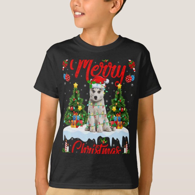 Lights Xmas Tree Santa Siberian Husky Dog Christma T-Shirt (Front)