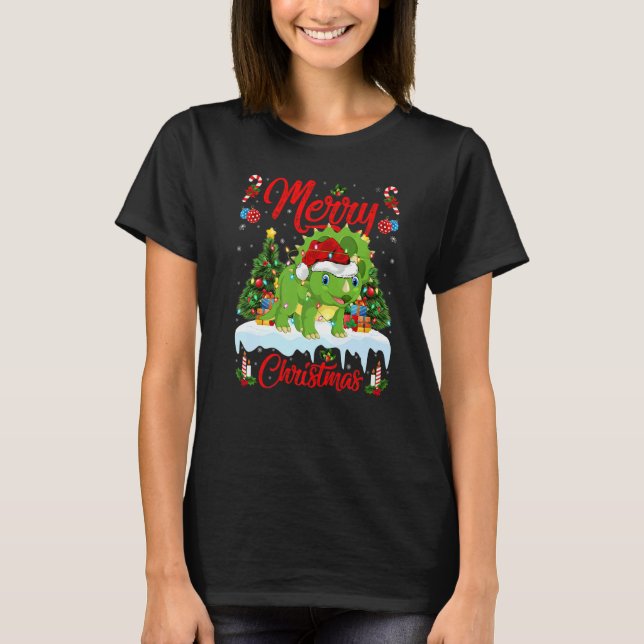 Lights Xmas Tree Santa Triceratops Dinosaur Christ T-Shirt (Front)
