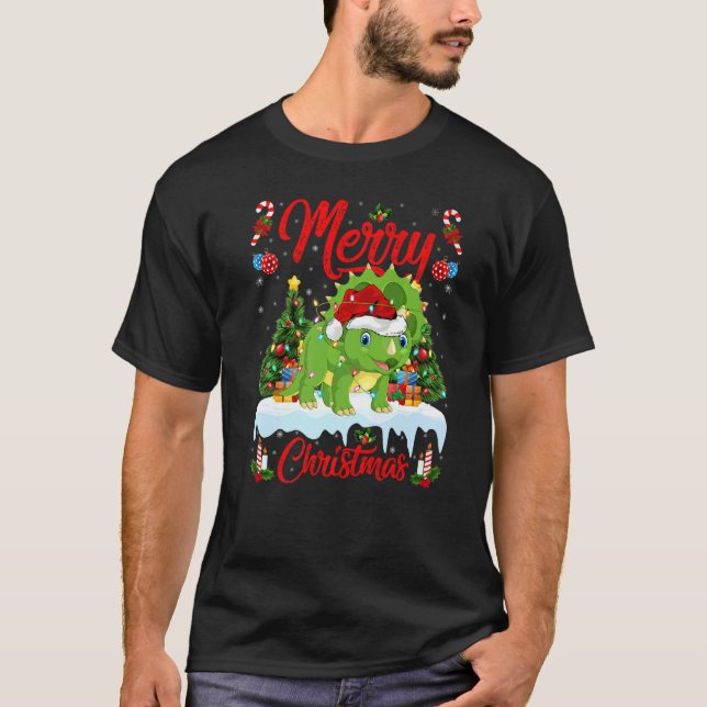 Lights Xmas Tree Santa Triceratops Dinosaur Christ T-Shirt (Front)