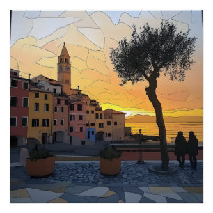 Ligurian Sunset – Stained Glass Style Poster