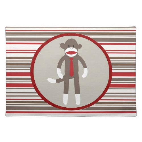 Like a Boss Sock Monkey with Tie on Red Stripes Cloth Placemat