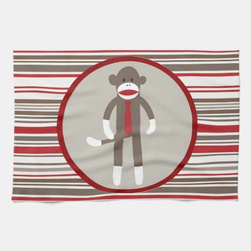 Like a Boss Sock Monkey with Tie on Red Stripes Kitchen Towel