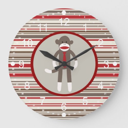 Like a Boss Sock Monkey with Tie on Red Stripes Large Clock