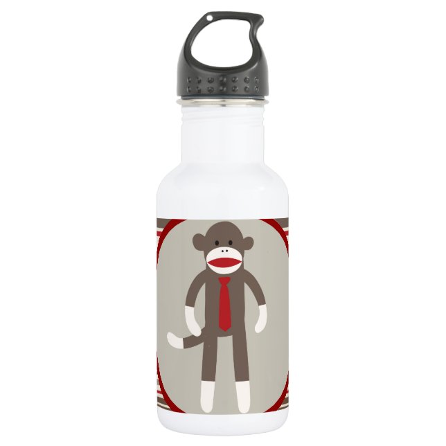 Like a Boss Sock Monkey with Tie on Red Stripes Water Bottle (Front)