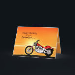 Like a Grandson, Motorcycle in the sunset birthday Card<br><div class="desc">A motorbike similar to a Harley standing by the sea with a glorious orange sunset. A great card for anybody who likes biking and motorcycles.See the whole range of cards for ages and relationships in my store. All artwork copyright Norma Cornes</div>