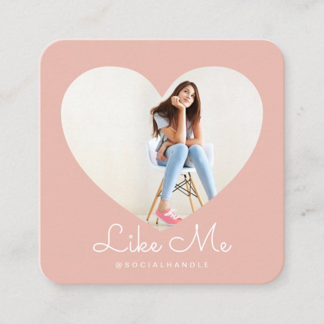 Like Me Pink Photo Heart Frame Girly Social Media Square Business Card (Front)