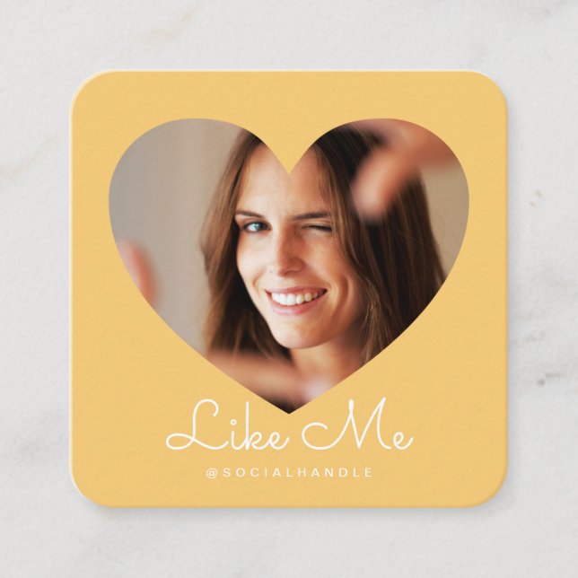 Like Me YellowPhoto Heart Frame Girly Social Media Square Business Card (Front)