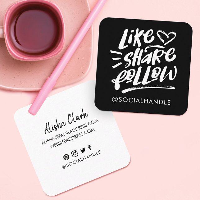 Like Share Follow Brush Script Black Social Media Square Business Card (Creator Uploaded)