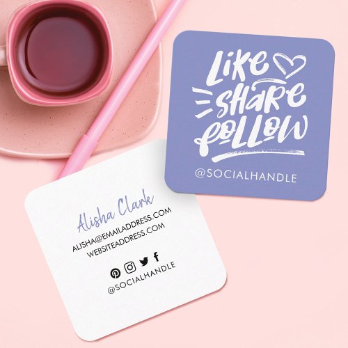 Like Share Follow Brush Script Violet Social Media Square Business Card