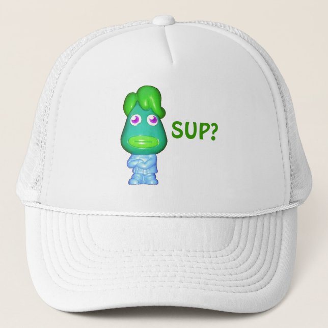 Lil Alien dude says, "Sup?" Trucker Hat (Front)