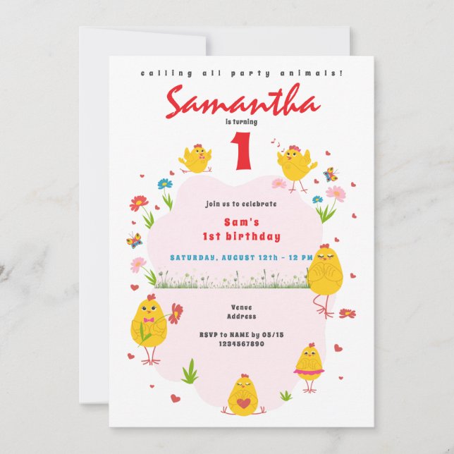 Lil' Chick Easter Chicken Farm Pink Girl Birthday Invitation (Front)