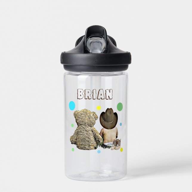 Lil Cowboy and Bear Country and Western Themed Water Bottle (Front)