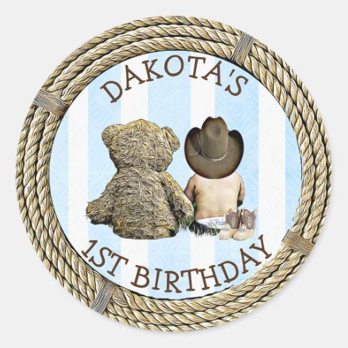 Lil Cowboy and Teddy Bear 1st Birthday Classic Round Sticker