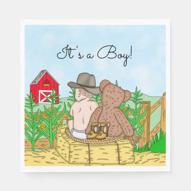 Lil' Cowboy and Teddy Bear Baby Shower  Napkins (Front)