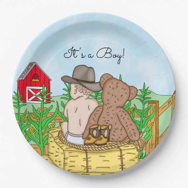 Lil' Cowboy and Teddy Bear Baby Shower Paper Plates (Front)