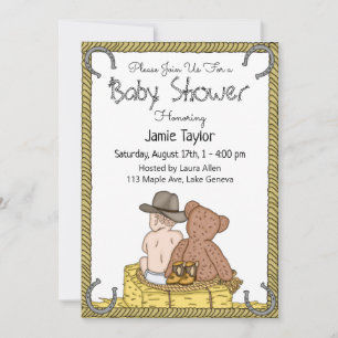 Lil' Cowboy and Teddy Bear Boy's Baby Shower Invitation