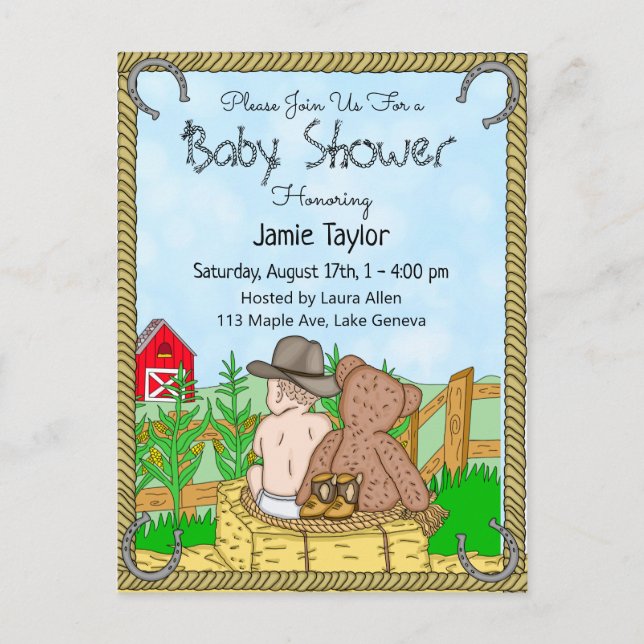 Lil' Cowboy and Teddy Bear Boys Baby Shower Invite (Front)