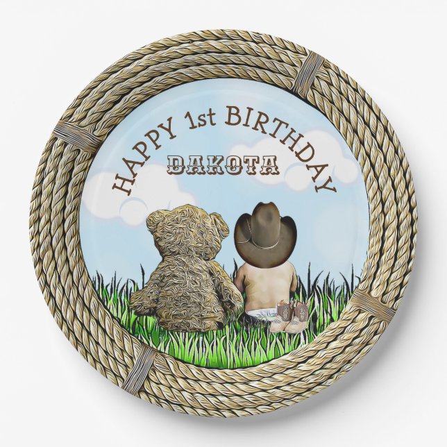 Lil' Cowboy and Teddy Bear Boy's  First Birthday Paper Plates (Front)