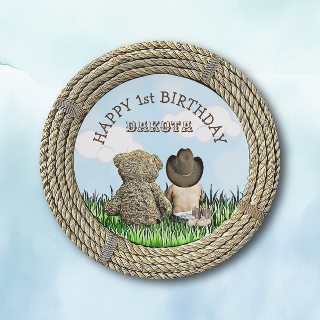 Lil' Cowboy and Teddy Bear Boy's  First Birthday Paper Plates (Creator Uploaded)